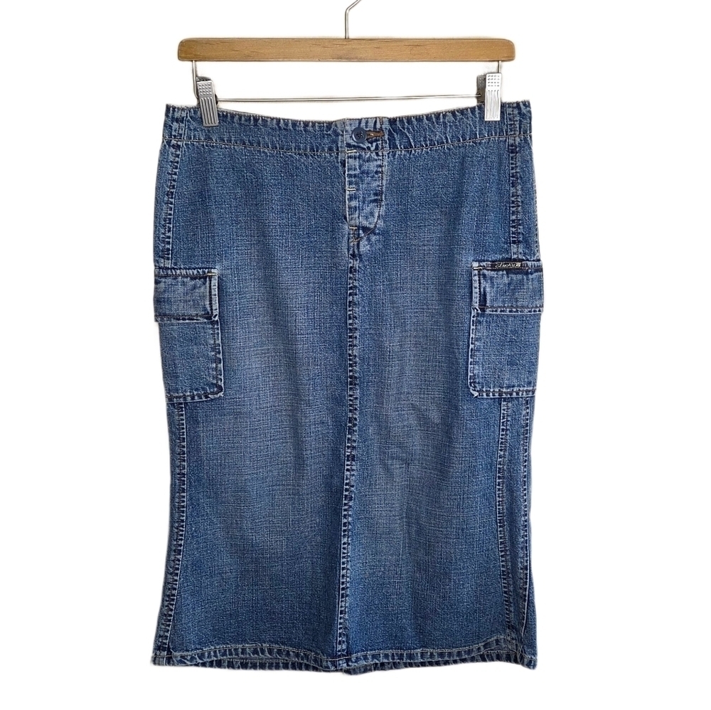 Y2K Lucky Brand Trumpet Denim Midi Skirt Cargo Pockets Size 4/27